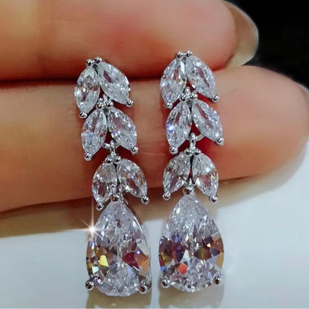 925 Silver Crystal Leaf Drop Earrings